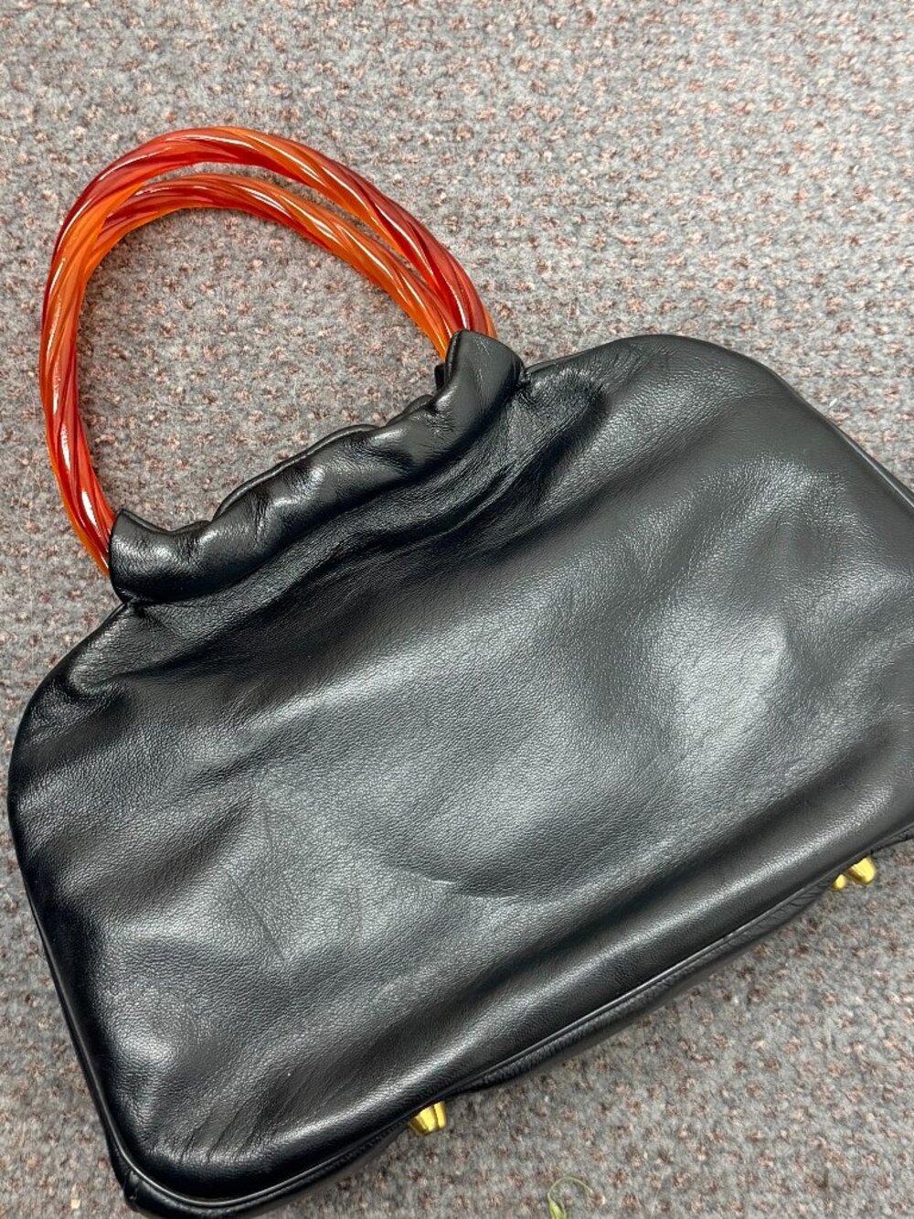 Vintage Leather Hobo Bag – Twisted Lucite Handles, Brass Ball Feet, MCM
